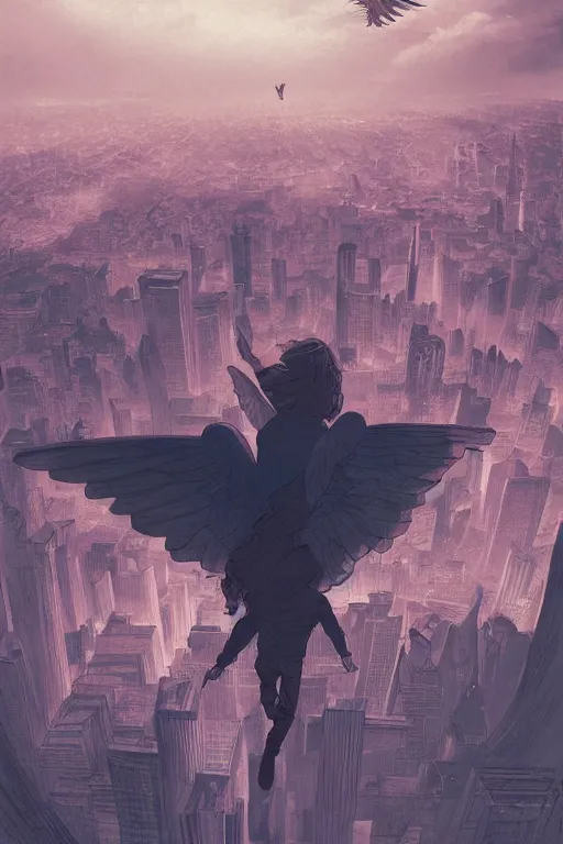 Image similar to concept art painting of a guy with wings flying over city, ground view, moody vibe, moody lighting, artgerm, moebius, inio asano, toon shading, cel shading, calm, tranquil, vaporwave colors,