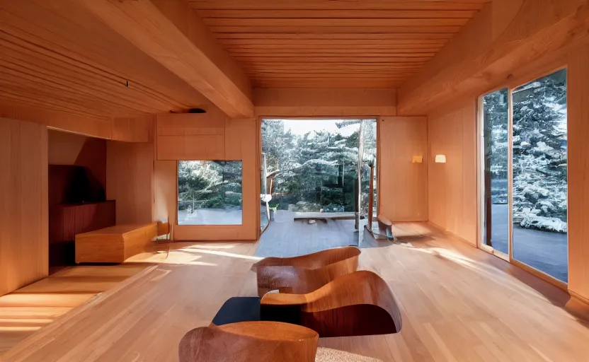 Image similar to luxurious wooden cottage by alvar aalto, modern Japanese living room, Japanese flower arrangements, coherent composition, architecturally accurate, architecture photography