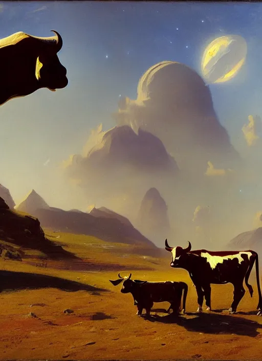 Prompt: an alien that looks like a cow, seated in spaceship, matte painting, by isaac levitan and asher brown durand,