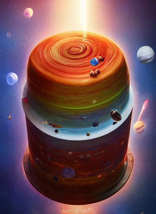 Image similar to a space cake with all planets and black hole on it, au naturel, hyper detailed, digital art, trending in artstation, cinematic lighting, studio quality, smooth render, unreal engine 5 rendered, octane rendered, art style by pixar dreamworks warner bros disney riot games.