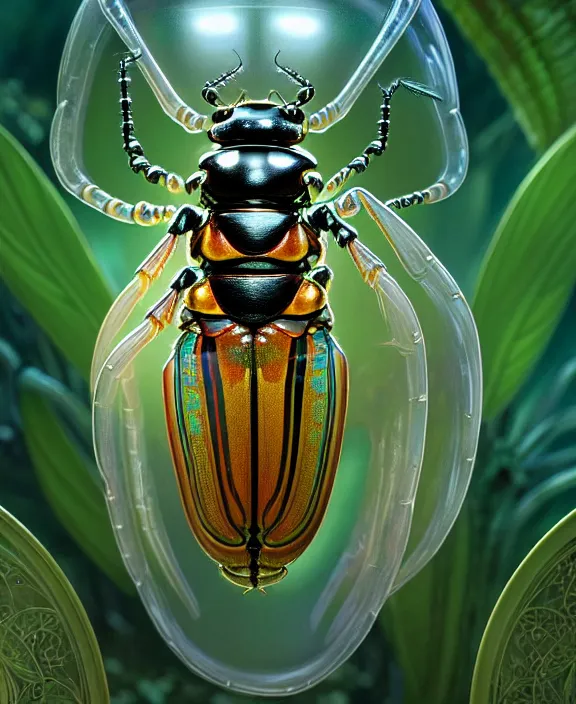 Image similar to intricate ornate opulent transparent clear see - through portrait of a playful beautiful alien beetle, fractal, adorable, childlike, overgrown biopunk jungle environment, ultra realistic, concept art, art nouveau, photorealistic, octane render, 8 k, unreal engine. art by christopher marley and artgerm and greg rutkowski and alphonse mucha