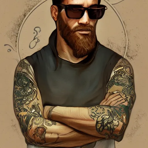 Prompt: handsome man with a beard wearing sunglasses, Mark Edward Fischbach, intricate, highly detailed, digital painting, artstation, concept art, smooth, sharp focus, illustration, gta v cover art, Unreal Engine 5, 8K, art by artgerm and greg rutkowski and alphonse mucha