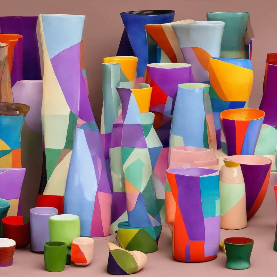 Prompt: beautiful ceramics studio photograph of a tall colorful geometric symmetrical fancy ceramic sculpture of a cup, glazed by paul klee and victor vasarely, placed on a polished wooden table, hyperrealism 8 k trending on artstation