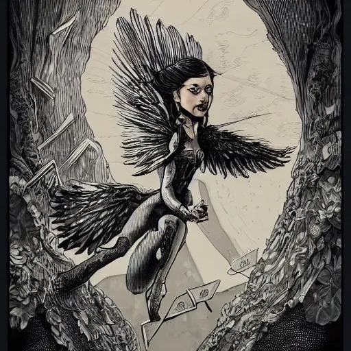 Prompt: precisely drawn illustration o flying harpy, old-fashioned tarot card, victorian playing card, sepia tone, wide angle, sharp, fine details, French comic style, cyberpunk, intense line art, 8k, precise linework, realistic, shaded lighting by katsuhiro otomo ghost-in-the-shell, magali villeneuve, artgerm, rutkowski Jeremy Lipkin and Giuseppe Dangelico Pino and Michael Garmash and Rob Rey and Moebius