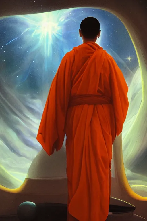 Image similar to portrait of a monk in a spaceship, looking at a nebula, orange robe, dramatic lighting, artstation, matte painting, ralph mcquarrie