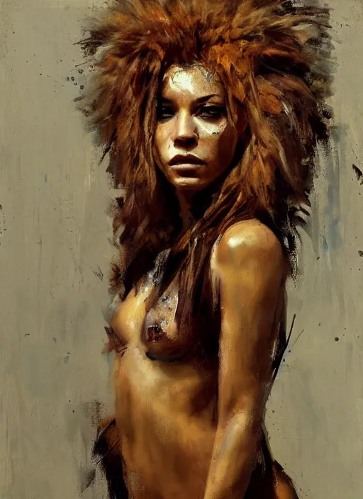 Image similar to painting of a beautiful woman with the face of a lion, loosely robed in animal skins, with a strong pose, by Jeremy Mann, stylized, detailed, loose brush strokes, warm tones, vivid colors, realistic