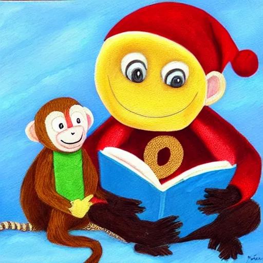 Image similar to a banana wearing a Christmas sweater reading a bedtime story to a monkey, oil painting, realistic