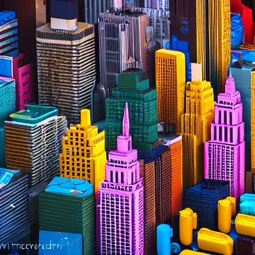 Image similar to new york made of plastic toys!!!!, amazing details, atmospheric, 4 k, aesthetic octane render, street view, warm hue's