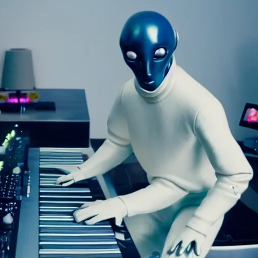 Image similar to cinematic film still of Pharrell Williams Making A Beat with an anthropomorphic alien, Japanese VFX, 2018, 400mm lens, f1.8, shallow depth of field,film photography