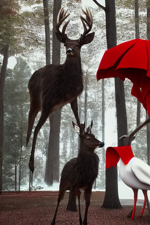 Image similar to a deer wearing a white formal coat conversing with a crow wearing a red formal coat, hyperrealistic, concept art, octane render, unreal engine 5, trending on DeviantArt, highly detailed, high quality, 8K, soft lighting, cute, natural lighting, realistic face, trending on Artstation, elegant clothes, profile picture, path traced, house background