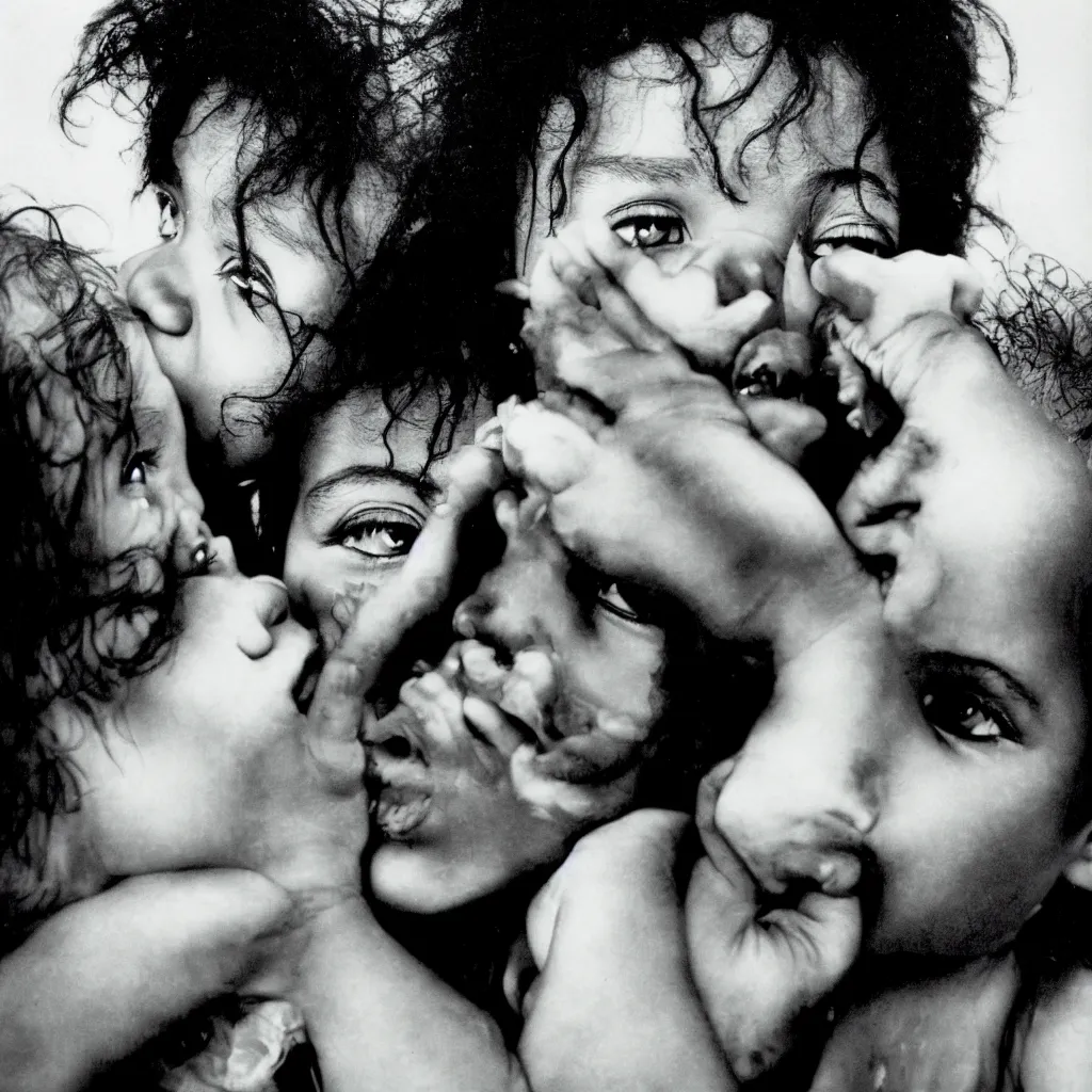 Image similar to award winning photo of michael jackson smelling children, vivid colors, happy, symmetrical face, beautiful eyes, studio lighting, wide shot art by Sally Mann & Arnold Newman