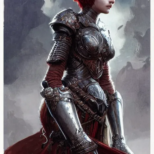 Image similar to young woman with short red hair, wearing black armour, bare legs, concept art, intricate details, highly detailed by greg rutkowski, michael whelan and gustave dore