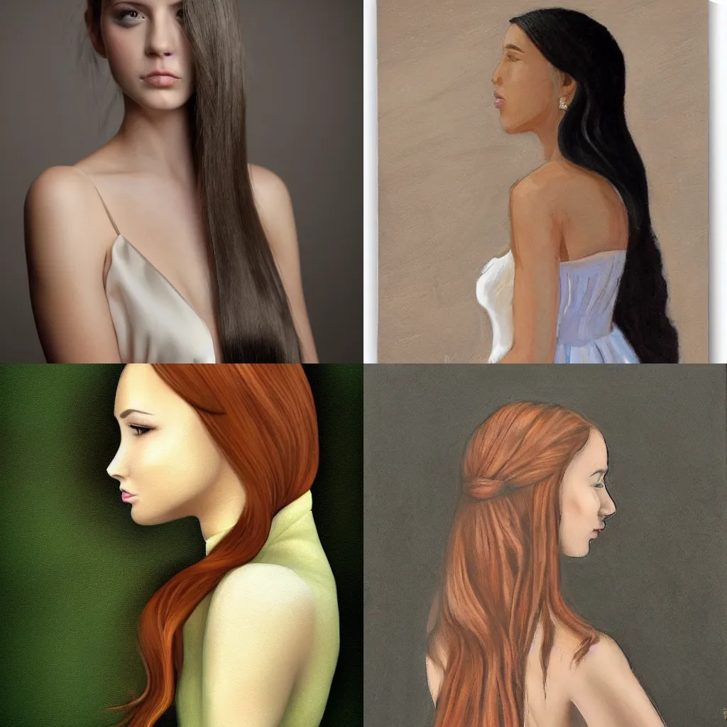 Prompt: girl with long hair, profile, silk dress, by travis schlaht