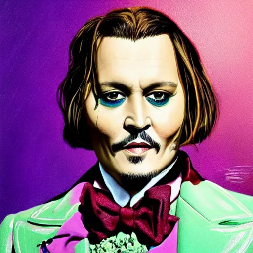 Image similar to portrait of johnny depp without mustache and beard as willy wonka, highly detailed, centered, solid color background, digital painting