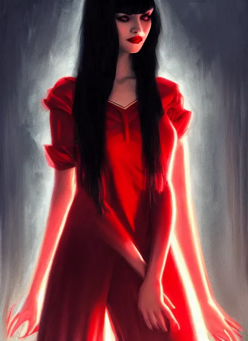 Image similar to portrait of vampire veronica lodge with bangs, vampire fangs, vampire, long hair, red clothes, bangs, vampironica, intricate, elegant, glowing lights, highly detailed, digital painting, artstation, concept art, smooth, sharp focus, illustration, art by wlop, mars ravelo and greg rutkowski