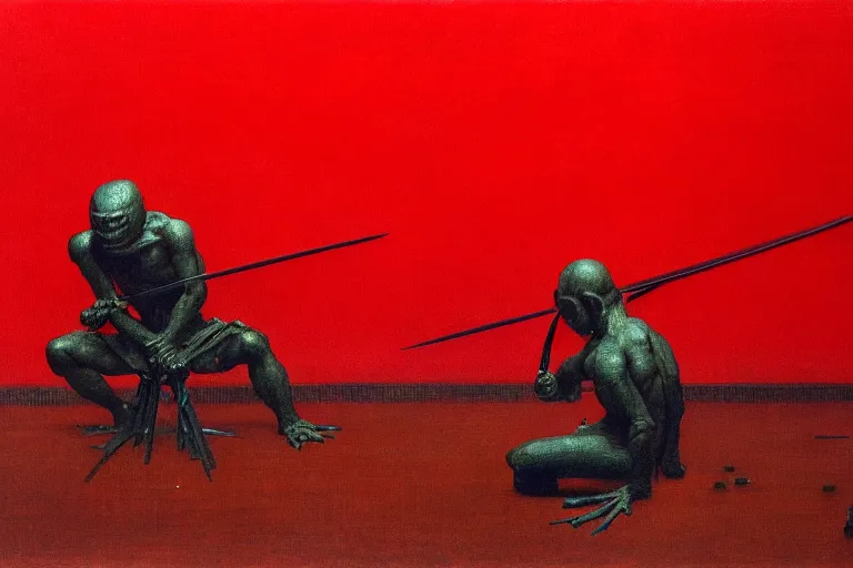 Image similar to only with red, a red samurai do seppuku, tokio, a lot of frogs watch, in the style of beksinski, parts by edward hopper, parts by rodcenko, parts by yue minjun, intricate and epic composition, red by caravaggio, insanely quality, highly detailed, masterpiece, red light, artstation, 4 k