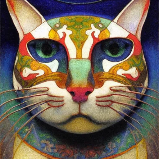 Image similar to cloisonne cat head sculpture, by annie swynnerton and diego rivera and nicholas roerich and jean delville, symbolist, dramatic lighting, god rays, art brut, rich colors, smooth, sharp focus, extremely detailed, adolf wolfli and ( donato giancola and bilibin )