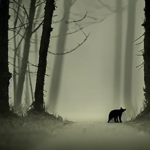 Prompt: a cat walks alone through the woods at night, gloomy, dark, foggy, night, ominous, dark color, atmospheric, cinematic lighting, intricate detail?