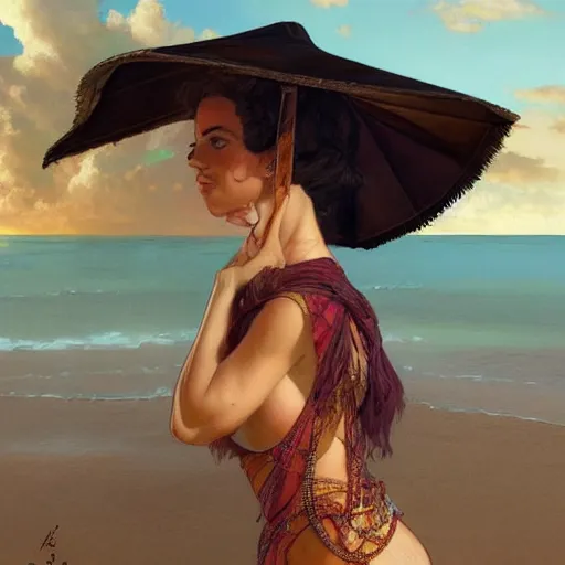 Image similar to character portrait of Mata Hari on a beach, relaxing mood, intricate, wild, highly detailed, digital painting, artstation, upper body, concept art, smooth, sharp focus, illustration, art by artgerm and greg rutkowski and alphonse mucha