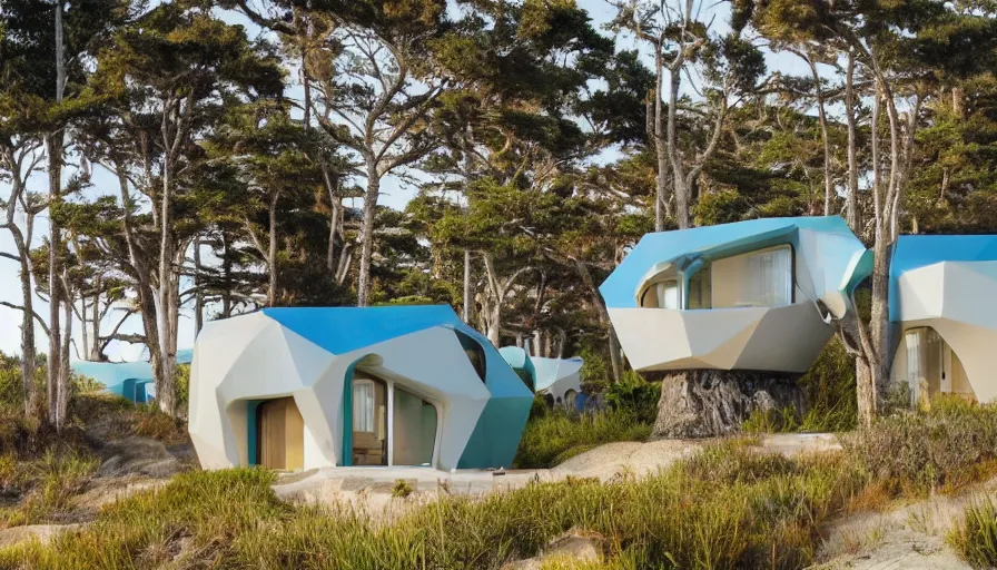 Image similar to An architectural rending of an eco-community neighborhood of innovative contemporary 3D printed sea ranch style cabins with rounded corners and angles, beveled edges, made of cement and concrete, organic architecture, on the California coastline with side walks, parks and public space , Designed by Gucci and Wes Anderson, golden hour