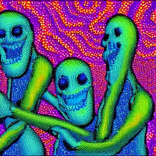 Image similar to ghosts having a fun night on the town, psychedelic colors, in a pointilliste style