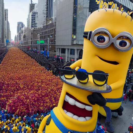 Image similar to photo of giant minion parade float in the macys thanksgiving parade, detailed 4 k photo