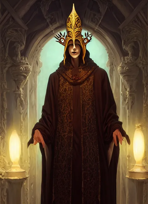 Image similar to slender high priest in a dark ornate robe with a carved ivory headpiece, subsurface scattering, by jesper ejsing, justin gerard, tomasz alen kopera, cgsociety and fenghua zhong, highly detailed, rim light, cinematic lighting, illustration, art, octane render, very coherent, cinematic, high detail, octane render, 8 k