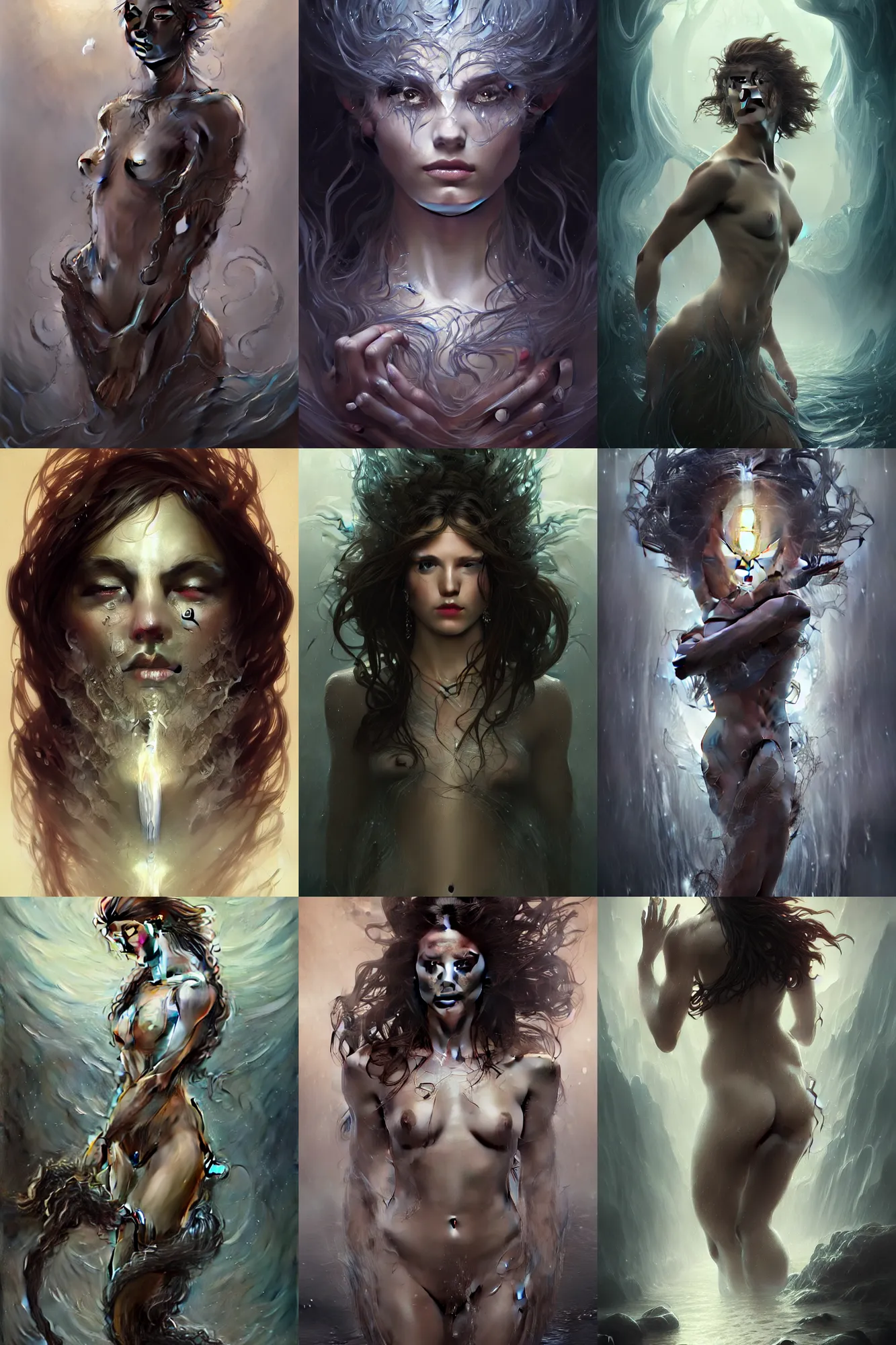 Prompt: Portrait of dark fantasy water elemental, full frontal shot, intricate, graceful, misty, highly detailed, digital painting, artstation, concept art, smooth, sharp focus, illustration, art by artgerm and greg rutkowski and alphonse mucha