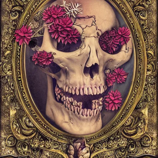 Image similar to a beautiful detailed front view baroque portrait of a rotten woman corpse becoming almost a skull with fractal plants and fractal flowers and mushrooms growing around, intricate, ornate, volumetric light, beautiful lit, polaroid photography