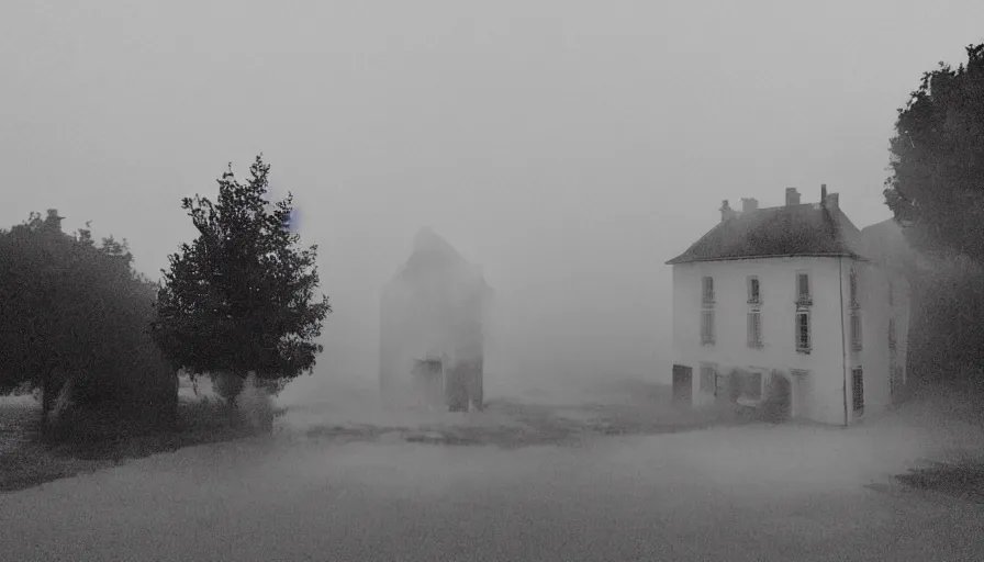 Prompt: mini dv camera found footage of a heavy burning french style little house by night, rain, foggy, in a small northern french village, heavy grain, very low quality, high detail, dramatic light