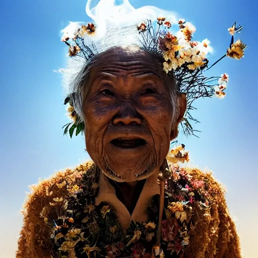 Image similar to full body shot of floating old asian man with long beard, his head covered in flowers, full face occult silver mask, glowing eyes, wearing a large carved wooden fractal stick, smoke around him, in the burning soil desert, cinematic shot, wide angle, desert background, volumetric lighting by Denis Villeneuve, Lubezki, Gaspar Noe Christopher Doyle and Alejandro Jodorowsky, anamorphic lens, anamorphic lens flares, kodakchrome, cinematic composition, practical effects, award winning photo, 8k