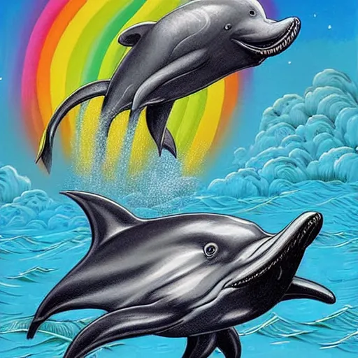 Image similar to a hyper realistic painting of the grim reaper riding a dolphin that is jumping over a rainbow, by joe fenton,