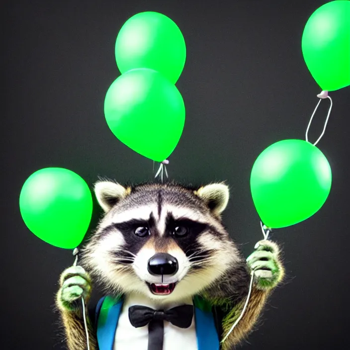 Image similar to an anthropomorphic neon green male raccoon fursona with a black tie holding a blue balloon by its string, photo, furry art, cute, 8 k