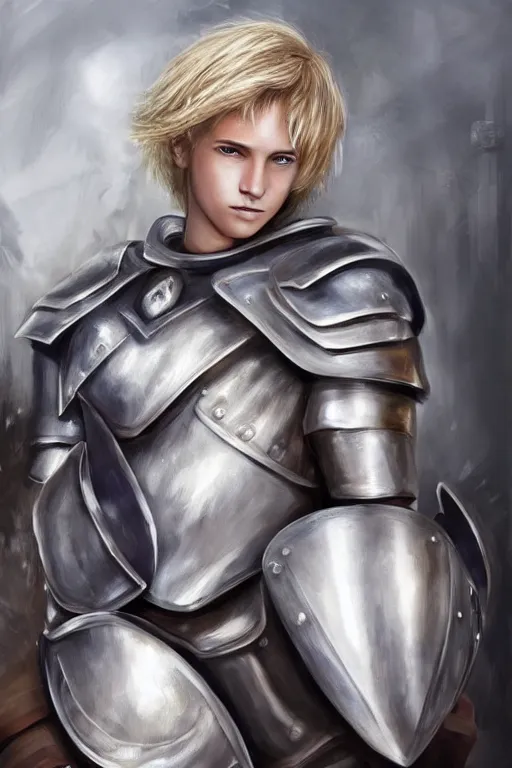 Prompt: a blonde male teenager wearing a silver plate armor, digital painting, digital art, oil painting, masterpiece, realistic and detailed face, profile picture, realistic, highly detailed, high quality, symmetrical, low contrast, trending on deviantart, soft colors, soft lighting, face portrait, beautiful, elegant, castle in the background, bokeh, oil painting