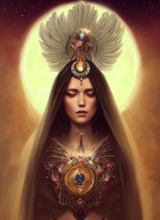 Image similar to A beautiful digital painting of a female Seraphim full of jewels, princess, the moon behind her, intricate, cinematic lighting, highly detailed, digital painting, Artstation, concept art, smooth, sharp focus, illustration, art by Tom Bagshaw, Artgerm and Greg Rutkowski