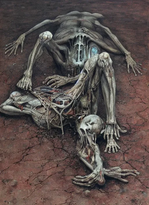 Prompt: painting of disturbing saul goodman lying on concrete ground, decrepit, corpse-like, by jon hale, beksinski, giger