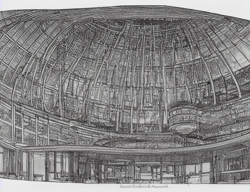 Prompt: a detailed, intricate architectural drawing with fine lines of the view from the river of a round library with many windows and a cone - shaped roof by frank lloyd wright