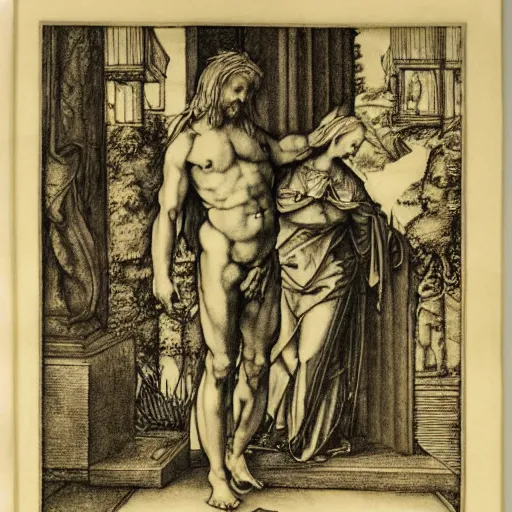 Prompt: a study of the intersection of masculine and feminine forms, masterwork etching, albrecht durer, universal secrets