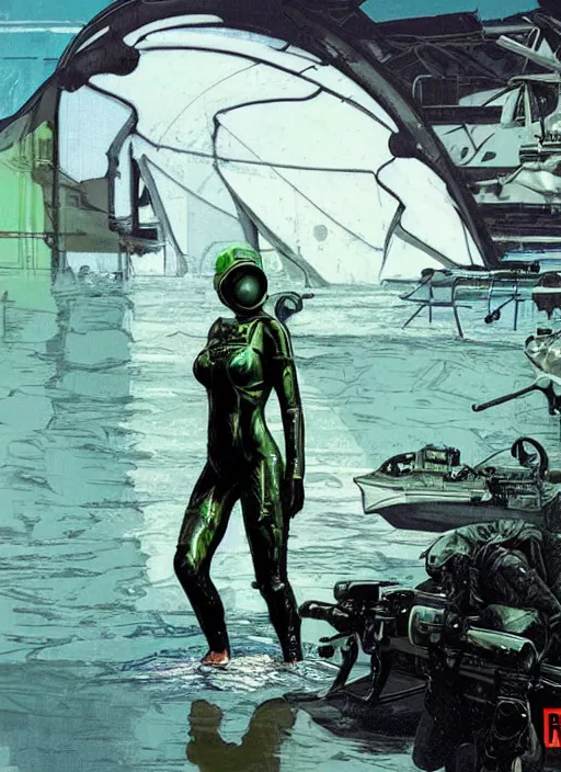 Image similar to Andrea. USN blackops operator emerging from water at the shoreline. Operator wearing Futuristic wetsuit and looking at an abandoned shipyard. Frogtrooper. rb6s, MGS, and splinter cell Concept art by James Gurney, Alphonso Mucha. Vivid color scheme.