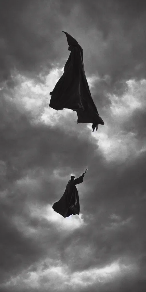 Prompt: a man, floating in the air, billowing cloak, drawn by nicholas delort!! graphic black and white, low camera, wide angle, centered composition, golden ratio