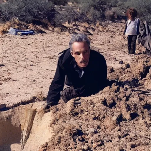 Image similar to Jordan Peterson digging a ditch, dressed like a homeless man in the desert. Photograph from a horror film.