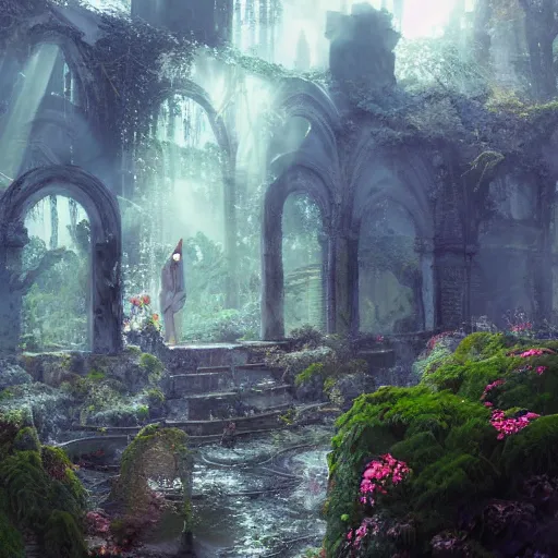 Prompt: ruins, beautiful, atmosphere, vibe, mist, rain, puddles, fern, flowers, concept art illustration, color page, tone mapping, akihiko yoshida, james jean, andrei riabovitchev, marc simonetti, digital illustration, greg rutowski, volumetric lighting, sunbeams, particles