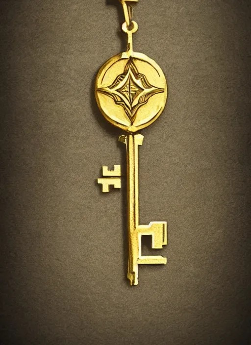 Image similar to small golden key, fantasy illustration, medieval era, blank background, studio lighting, hand - drawn digital art, 4 k, trending on artstation, symmetry