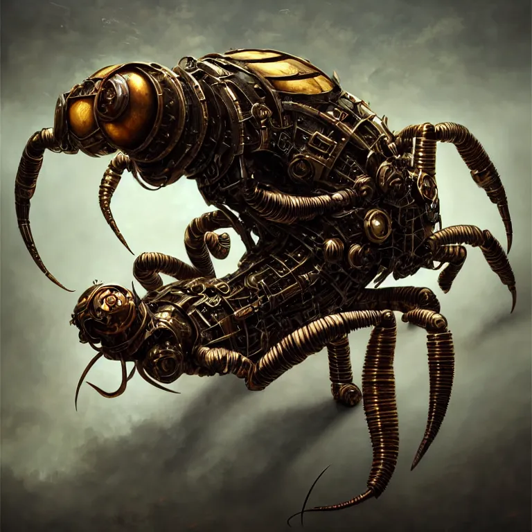 Image similar to steampunk robot scorpion, 3 d model, unreal engine realistic render, 8 k, micro detail, intricate, elegant, highly detailed, centered, digital painting, artstation, smooth, sharp focus, illustration, artgerm, tomasz alen kopera, wlop