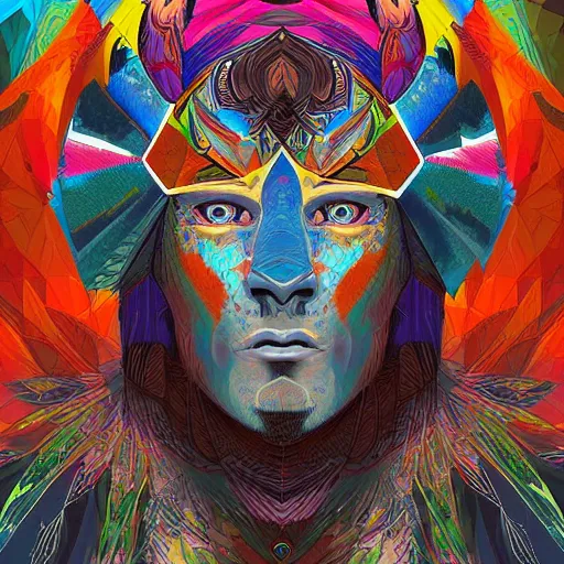 Image similar to digital painting of a warrior shaman with geometric patterns and animals by android jones