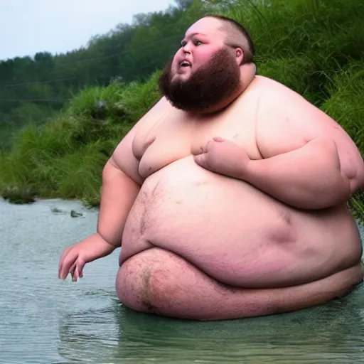 Prompt: dramatic photo of a fat man in a swimsuit holding and licking the worlds largest toad