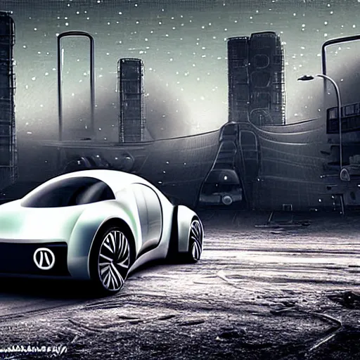 Image similar to Futuristic VW W16 in a Russian cyberpunk slum city called Neo Norilsk on the Moon, at night, diverse, lively, black sky full of stars, blinding sun, sci-fi, lots of flying cars, levitation, cyberpunk outfits, photorealistic, grainy, 35mm, intricate, very very beautiful, elegant, smooth, cinematic, Unreal Engine 5, by Beeple, trending on Artstation HD