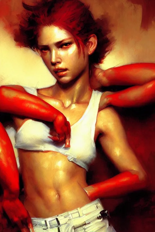 Image similar to close up bright red shrimp in a white t - shirt and white shorts, extremely detailed portrait dnd, painting by gaston bussiere, craig mullins, greg rutkowski, yoji shinkawa