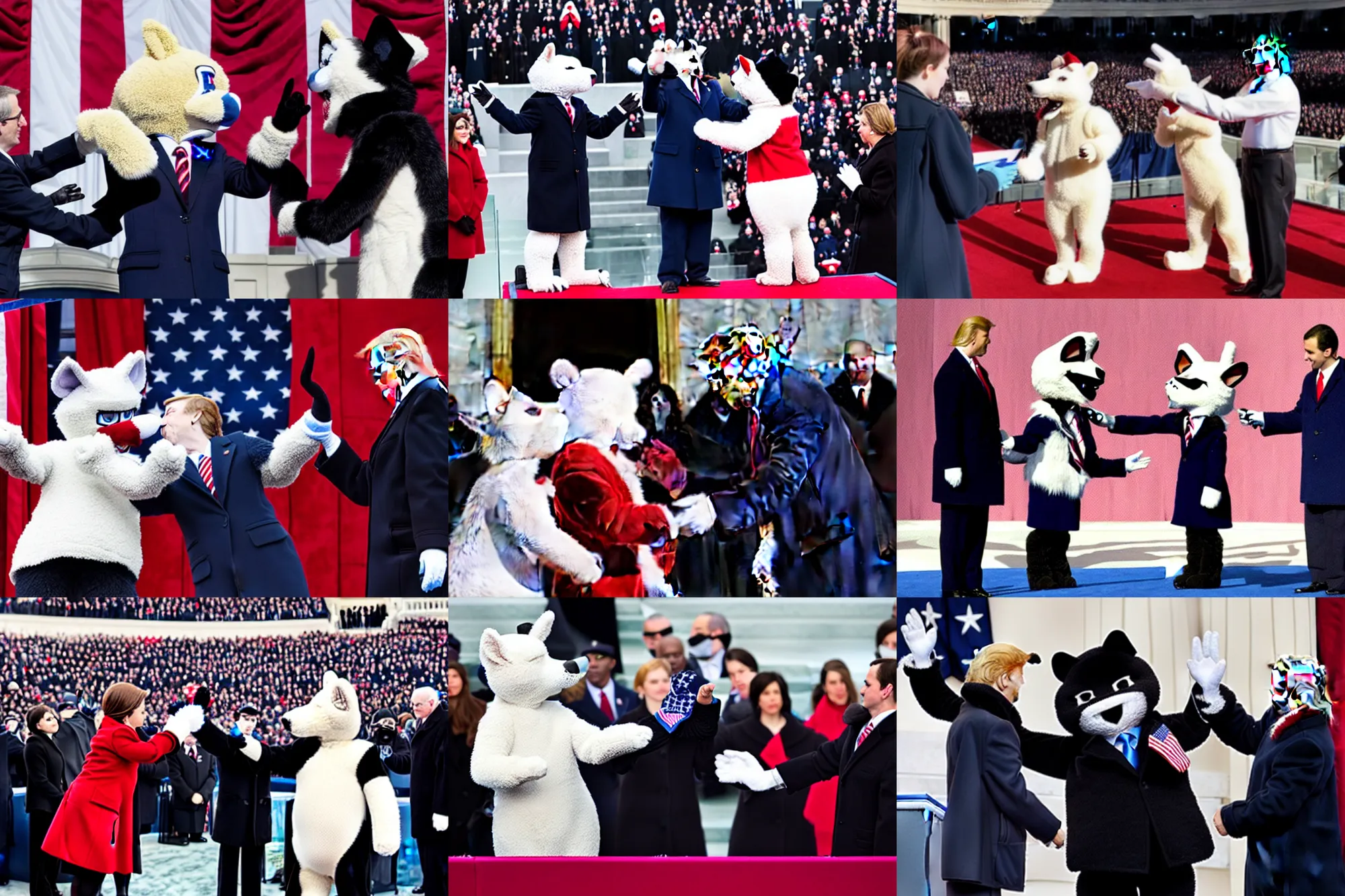 Prompt: photo of the usa presidential inauguration, a fursuiter being inaugurated as president