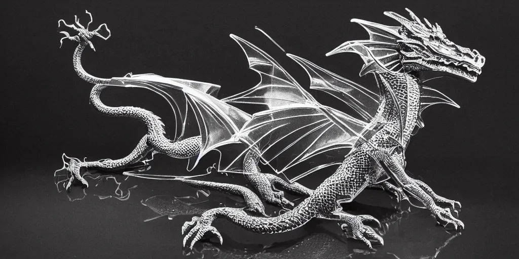 Prompt: a dragon made out of clear glass in an empty black room